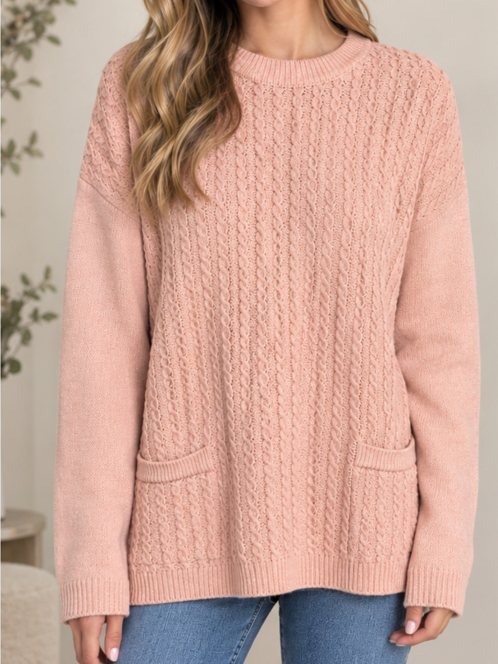 Made in Italy Stylish Women's Cable Knit Pocket Sweater - Blush Pink